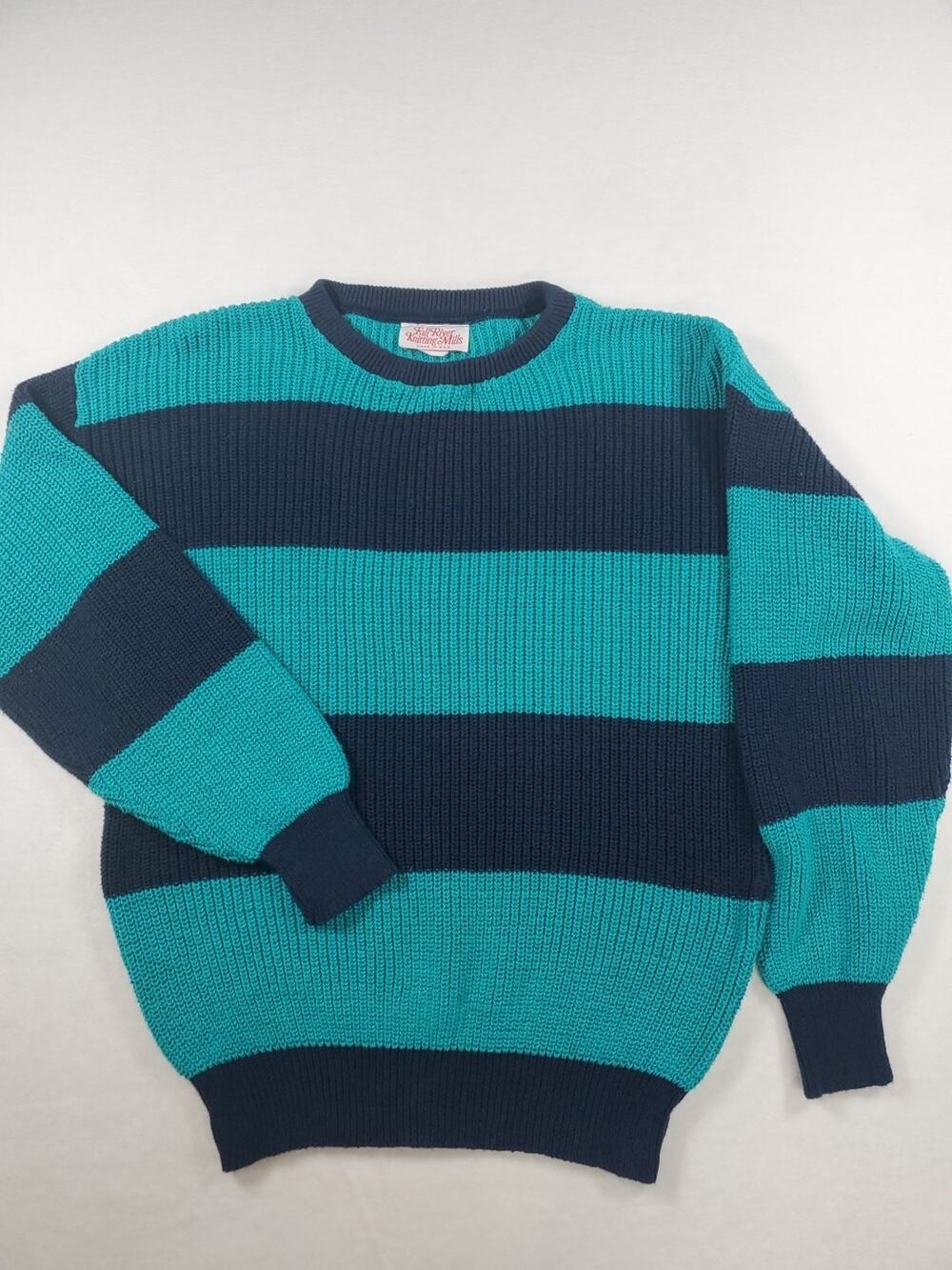 Vintage Fall River Knitting Mills Sweater Sz M Teal & Navy Blue Stripes